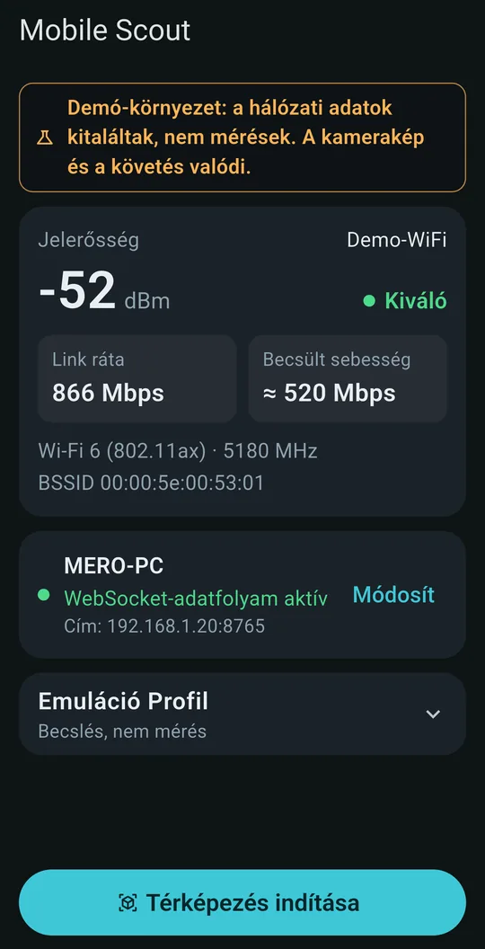 A Mobile Scout főképernyője: a Demo-WiFi hálózat, -52 dBm kiváló jel, 866 Mbps link ráta, a párosított PC kapcsolódva, és a Térképezés indítása gomb.